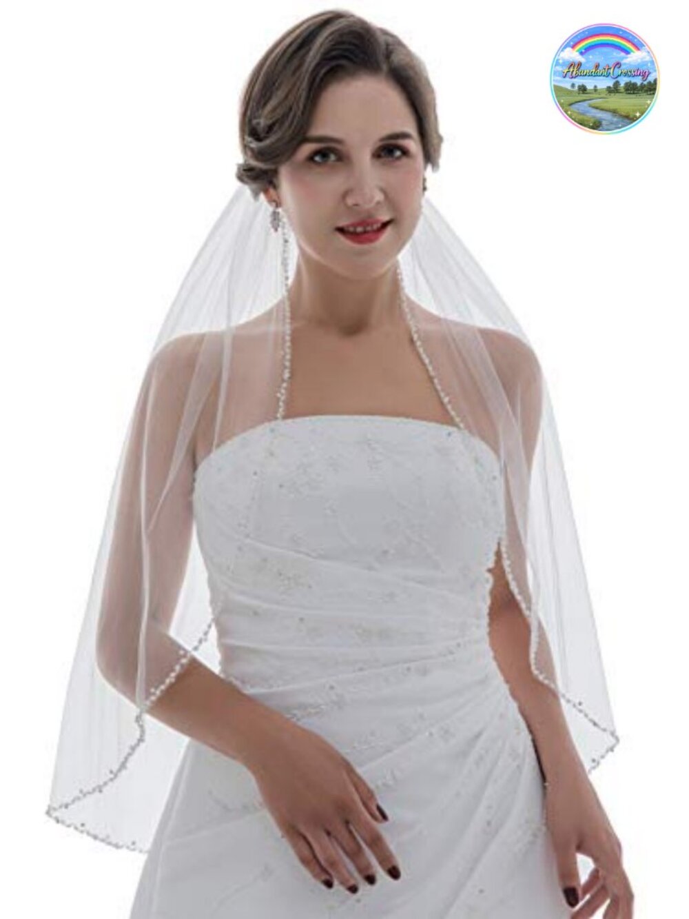 Crystal Pearl Beaded Elbow Length Bridal Veil Rhinestone Wavy Wedding Veil